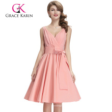 Grace Karin sans manches Deep V-Neck rose robe de coton rétro en coton CL008955-3